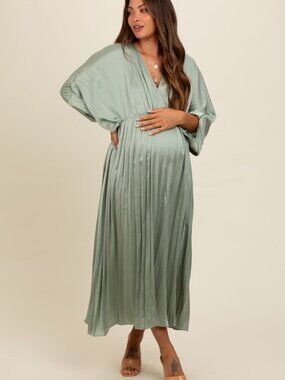 Elegant Pleated Sage Green MATERNITY Maxi Dress
